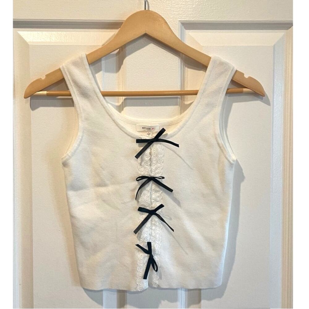 White Coquette Knit Tank Top with Black Satin Bows Size Small